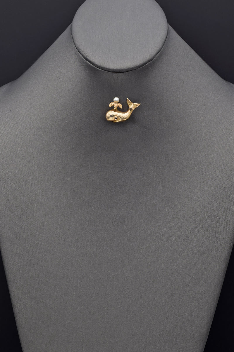 Vintage 14K Yellow Gold Sea Pearl and Sapphire Whale Earrings & Brooch Pin Set