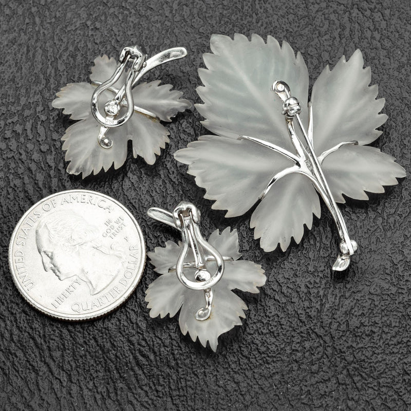 Vintage 14K White Gold Diamond & Frosted Quartz Carved Leaf Earrings & Brooch Pin Set