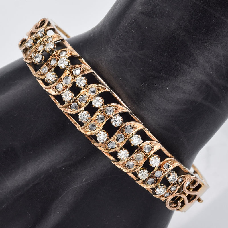 Vintage 18K Gold 3.10TCW Mixed Mine & Modern Diamond Swirl Bangle Bracelet