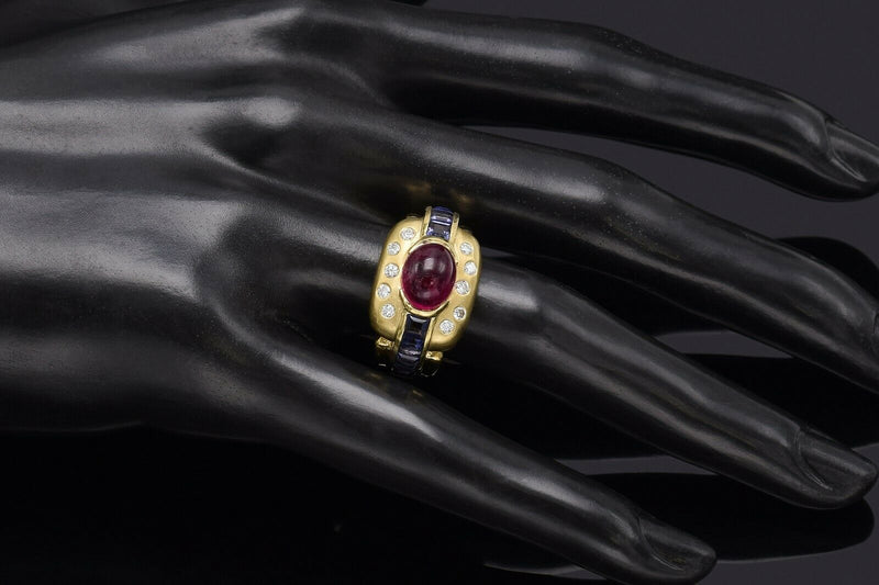 Vintage 14K Gold Natural Pink Tourmaline, Iolite & Diamond Band Ring