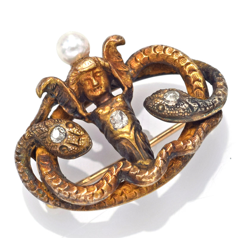 Antique 14K Yellow Gold Diamond & Pearl Angel Snake Brooch Pin