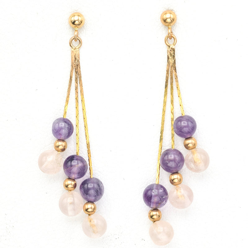 Vintage 14K Yellow Gold Amethyst & Rose Quartz Beaded Multi-Strand Dangle Earrings