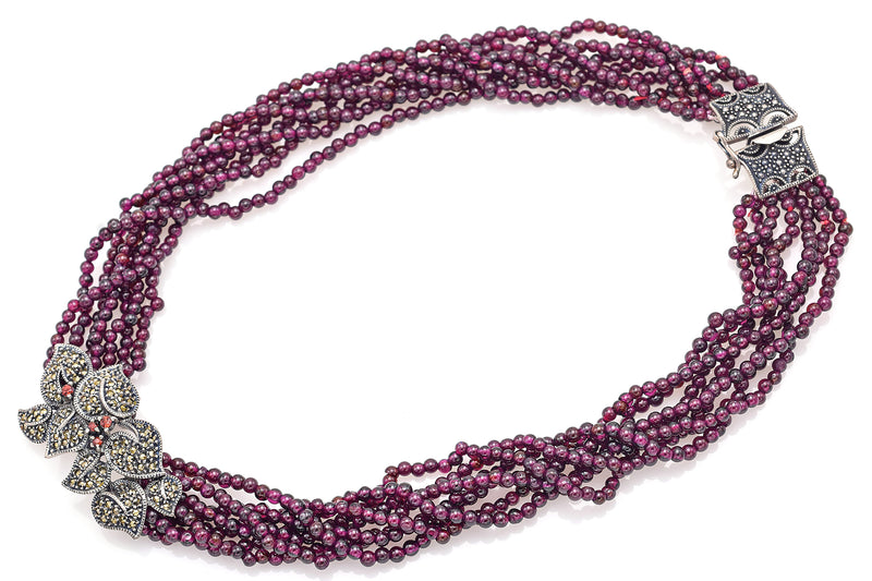 Vintage Judith Jack Sterling Silver Garnet Marcasite Multi-Strand Bead Necklace