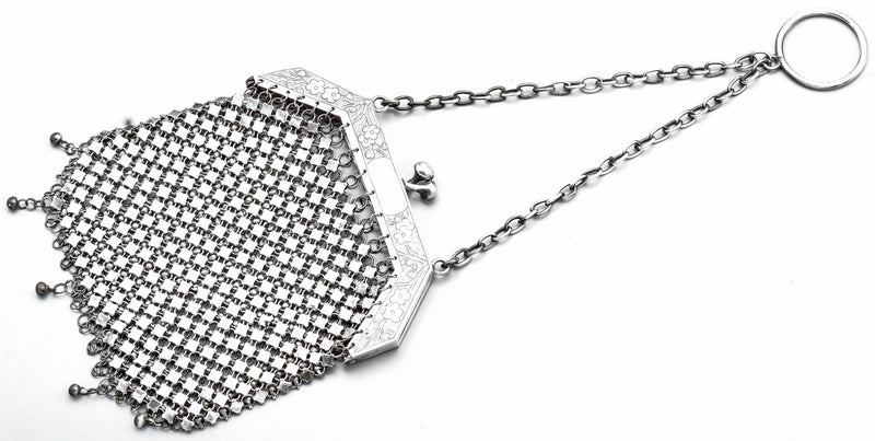 Antique Sterling Silver Asian Floral Etched Mesh Coin Pouch Purse Bag