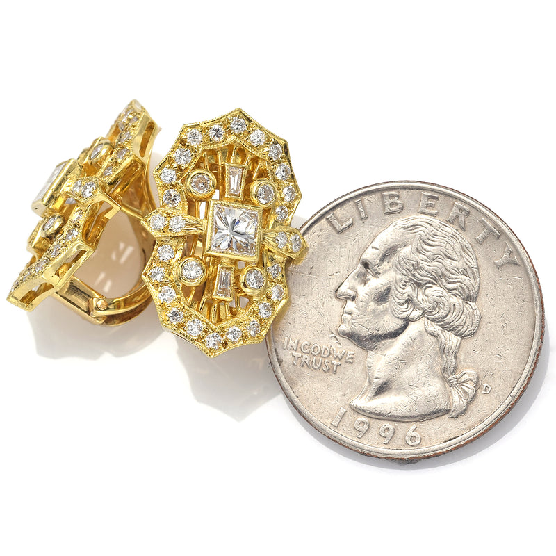 Vintage 18K Yellow Gold 2.02 TCW Diamond Omega Back Earrings