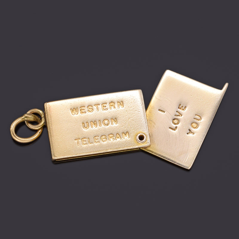 Vintage 14K Yellow Gold I Love You Western Union Telegram Charm Pendant