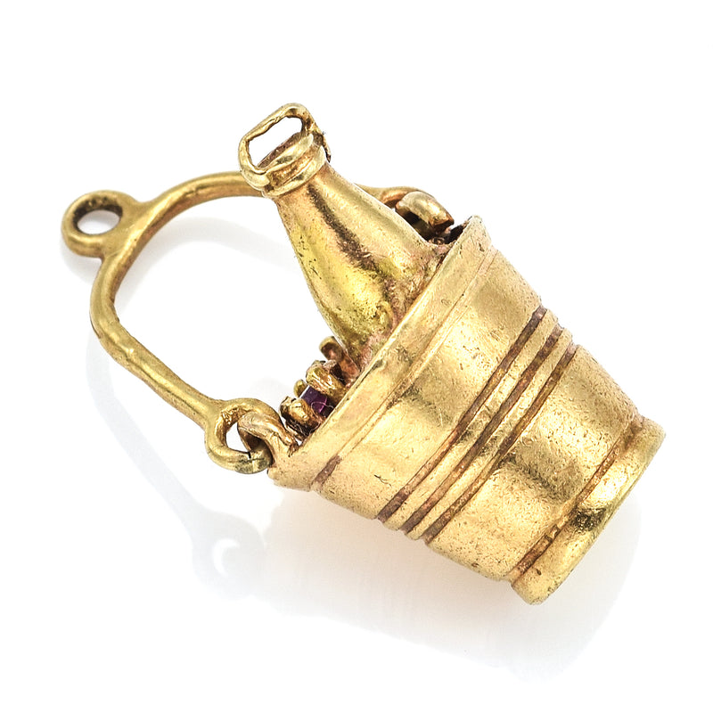 Vintage 14K Yellow Gold Ruby Champagne Wine Bucket Charm Pendant