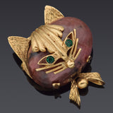 Vintage 14K Yellow Gold Pink Brown Ocean Jasper & Green Paste Cat Brooch Pin