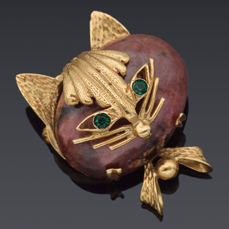 Vintage 14K Yellow Gold Pink Brown Ocean Jasper & Green Paste Cat Brooch Pin