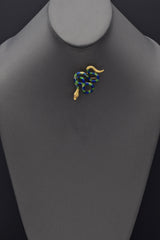 Vintage 18K Yellow Gold Ruby Green & Blue Enamel Snake Brooch Pin