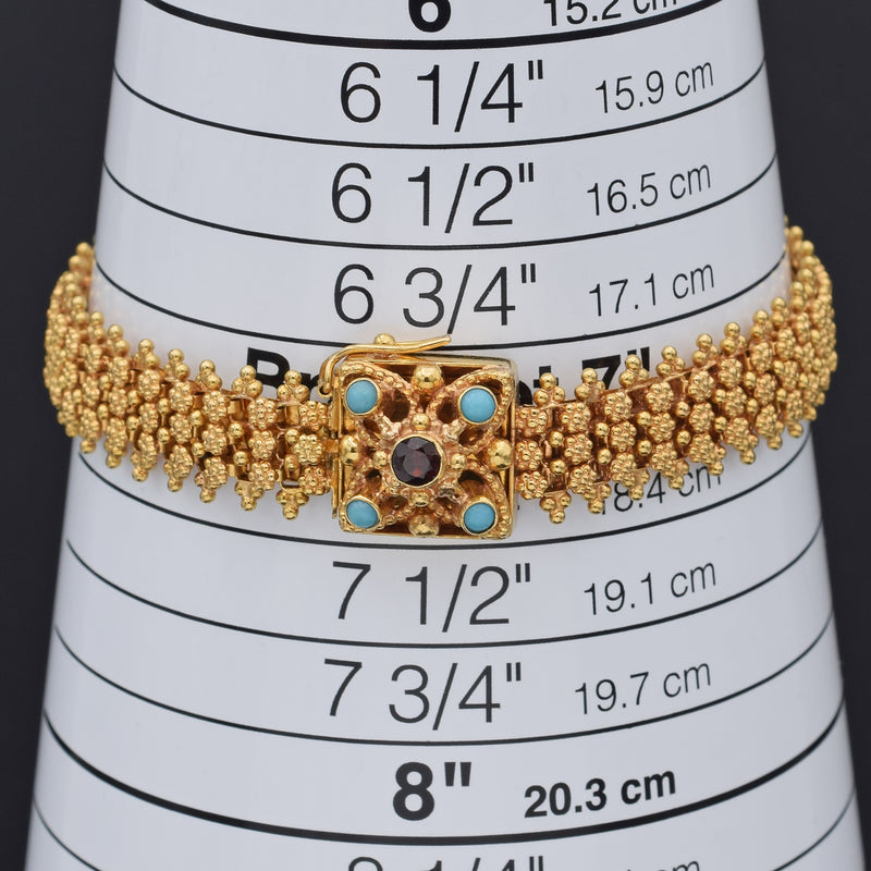 Antique Etruscan Portuguese Cannetille 19.2K Gold Turquoise & Garnet Bracelet