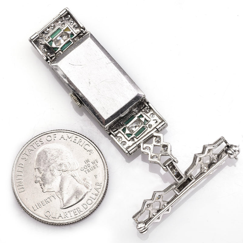 Antique Platinum Diamond & Emerald Art Deco Brooch Pin Watch