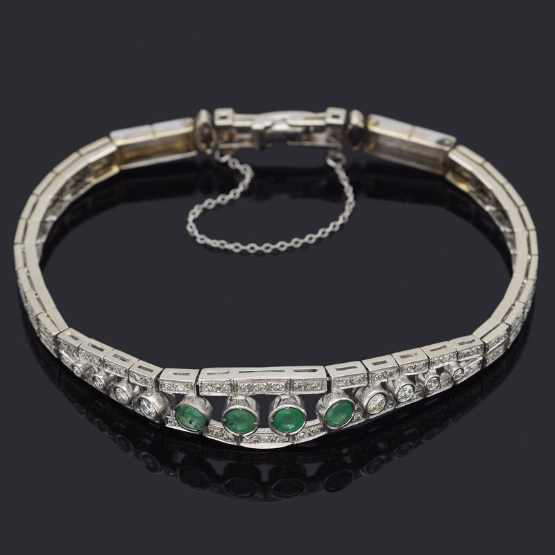 Antique Art Deco 14K White Gold Emerald & 1.66 Diamond Tennis Bracelet