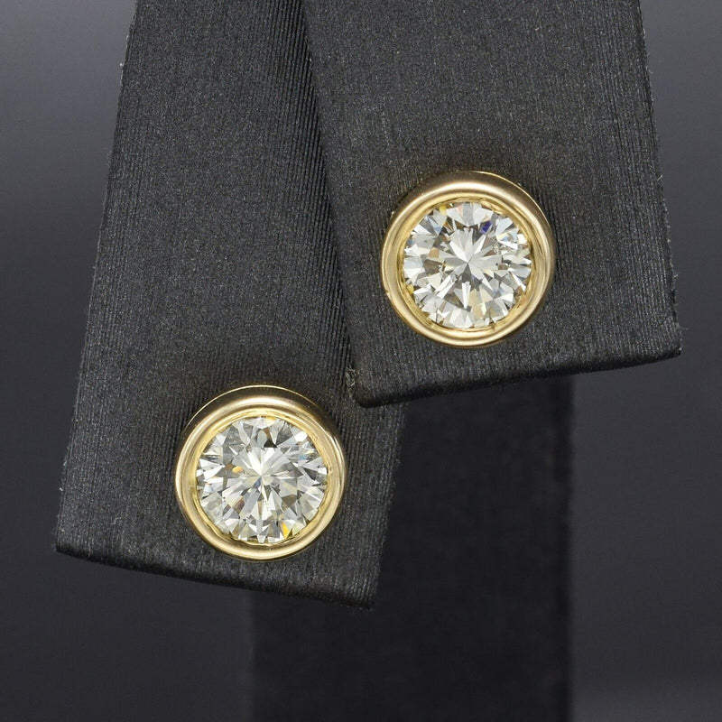 Vintage 14K Yellow Gold 1.02 TCW Diamond Round Bezel Stud Earrings