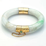 Vintage 14K Yellow Gold Carved Green Jade Hinged Bangle Bracelet