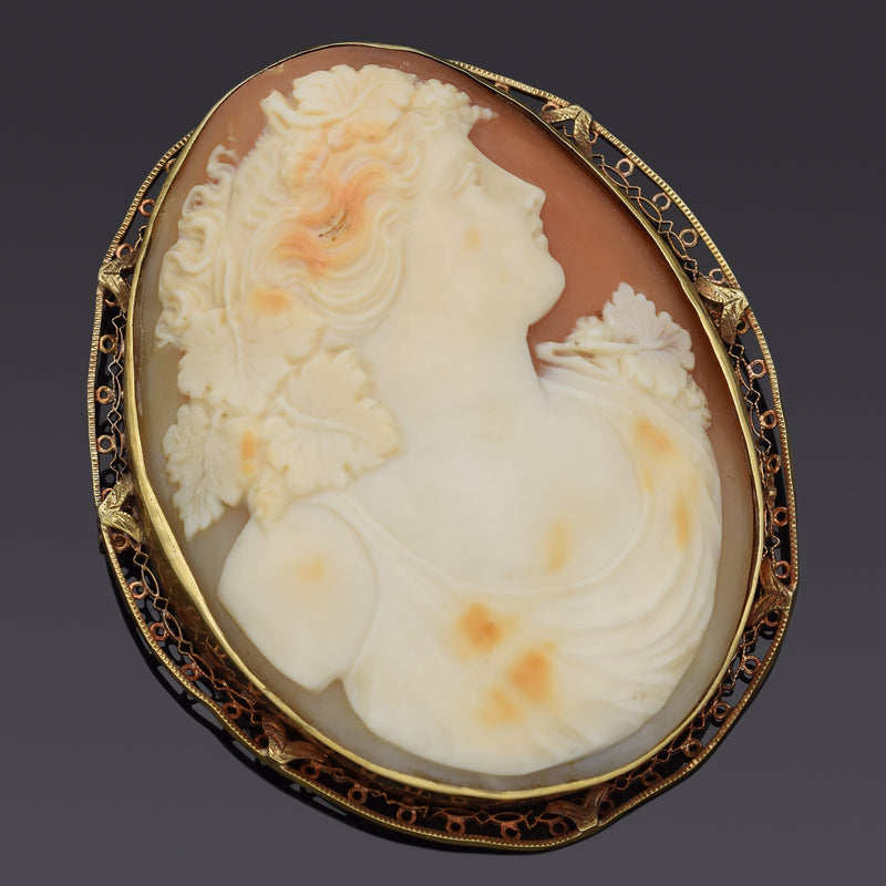Antique 14K Yellow Gold Cameo Shell Oval Large Brooch Pin Pendant