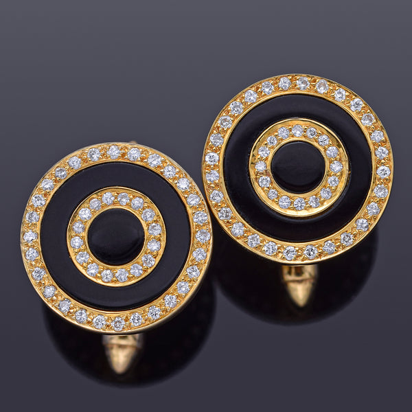 Vintage 18K Yellow Gold Onyx & 0.88 TCW Diamond Round Cufflinks 14.5 Grams