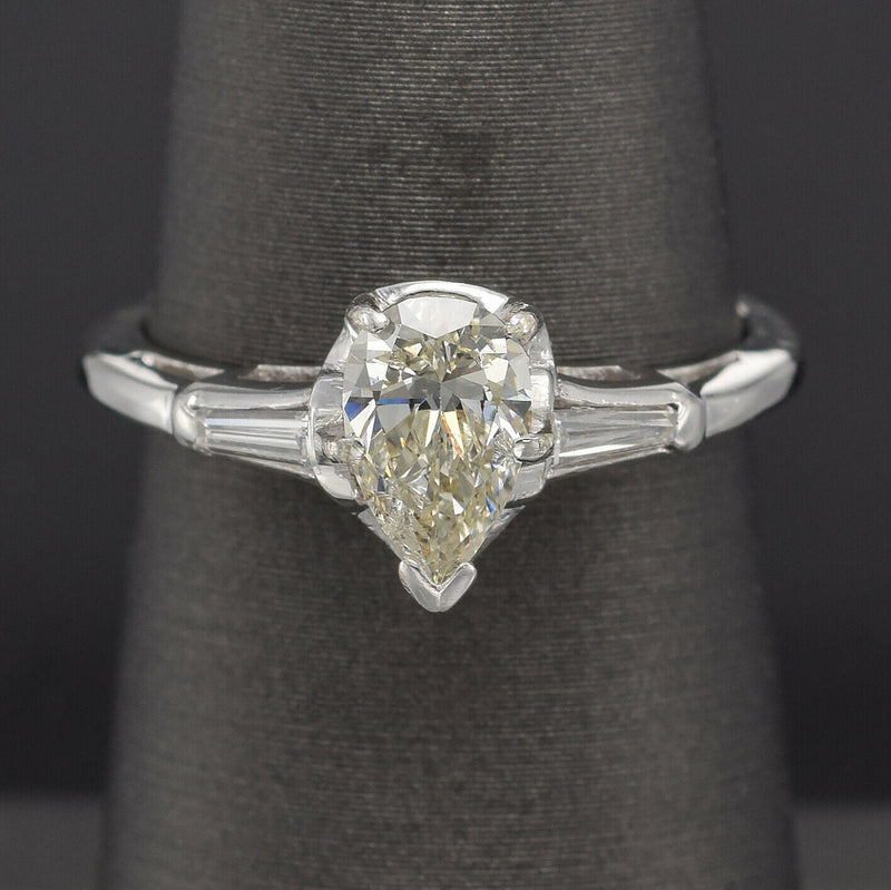 Vintage 14K White Gold 0.89 TCW Diamond Pear Three-Stone Band Ring Size 5.5