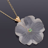 Vintage 14K Yellow Gold Frosted Quartz & Emerald Floral Pendant Necklace 19"
