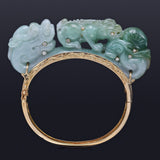 Vintage 18K Gold Green Jade & Diamond Carved Dragon & Foo Dog Bangle Bracelet