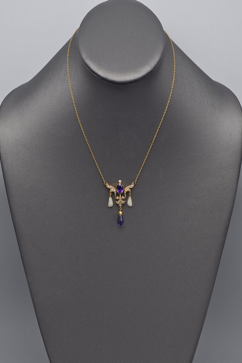 Antique 14K Yellow Gold Amethyst & Sea Pearl Pendant Necklace