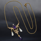 Antique 14K Yellow Gold Amethyst & Sea Pearl Pendant Necklace