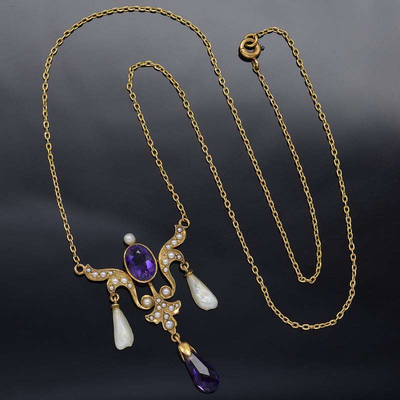 Antique 14K Yellow Gold Amethyst & Sea Pearl Pendant Necklace