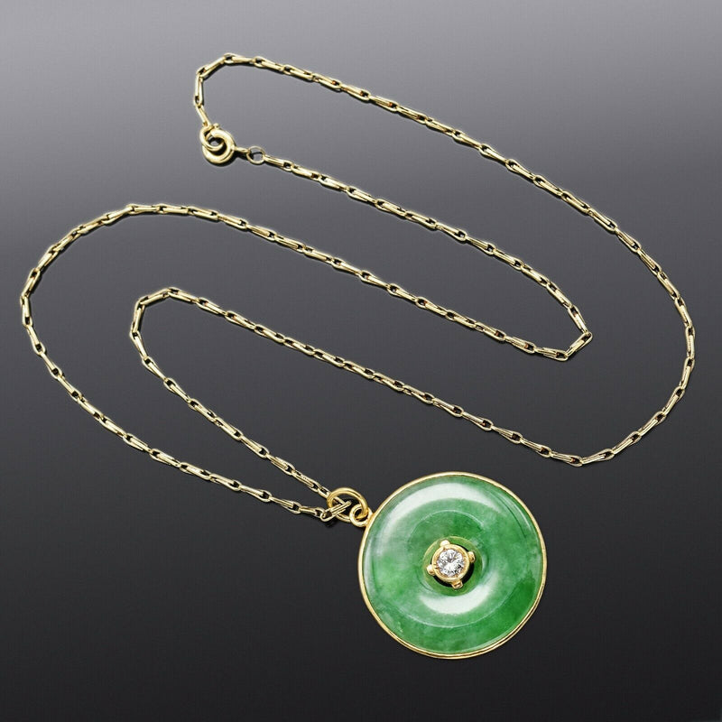 Vintage 18K Gold Green Jade & Diamond Round Disc Pendant &14K Necklace 9.5 Grams