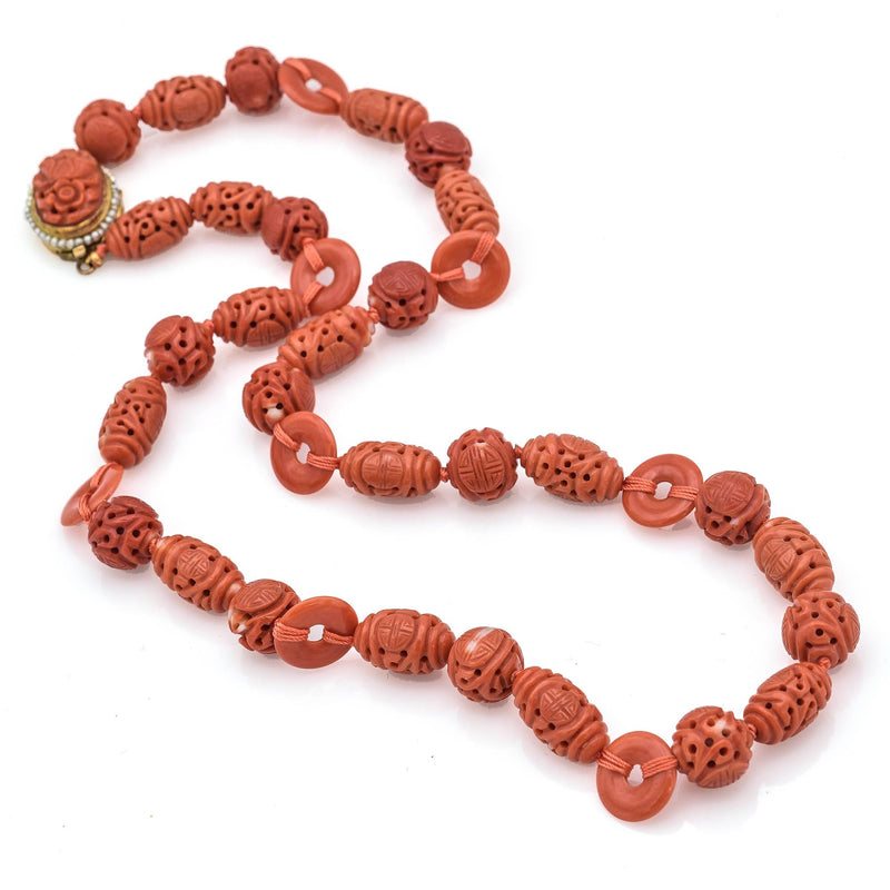 King Fook 14K Yellow Gold Carved Red Coral & Sea Pearl Beaded Strand Necklace