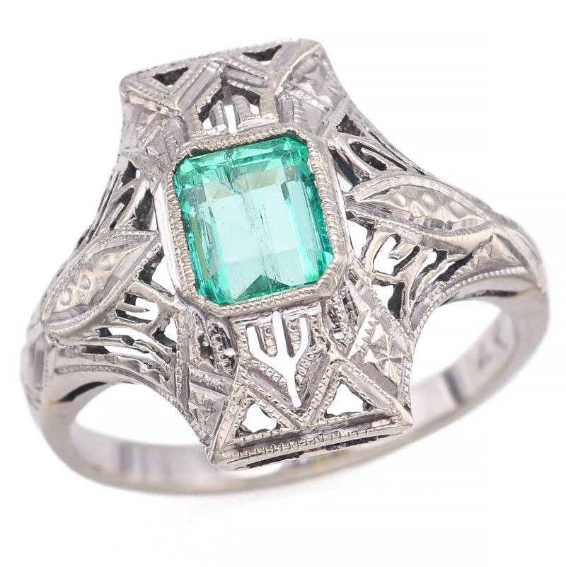 Antique 14K White Gold Emerald Art Deco Cocktail Ring Size 4