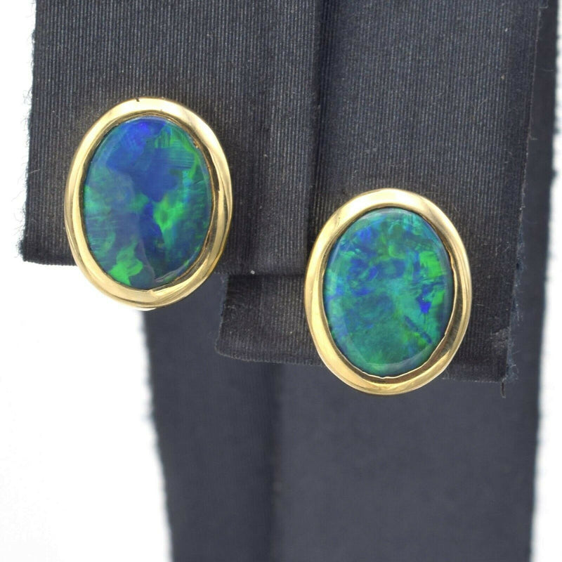 Vintage 18K Yellow Gold Black Opal Oval Stud Earrings