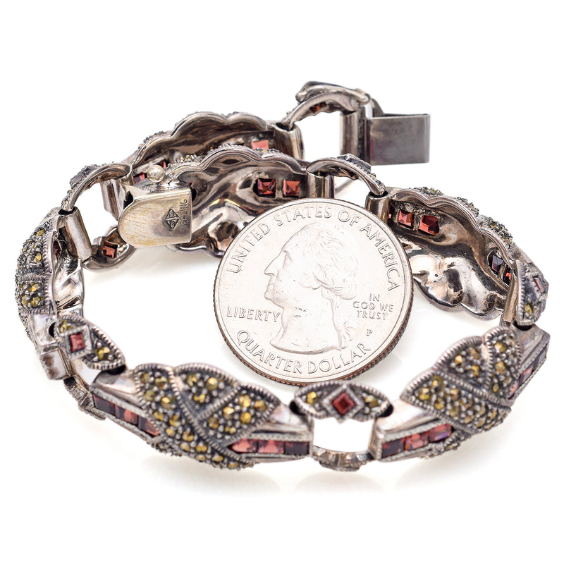 Vintage Judith Jack Sterling Silver Garnet & Marcasite Link Bracelet 16 mm