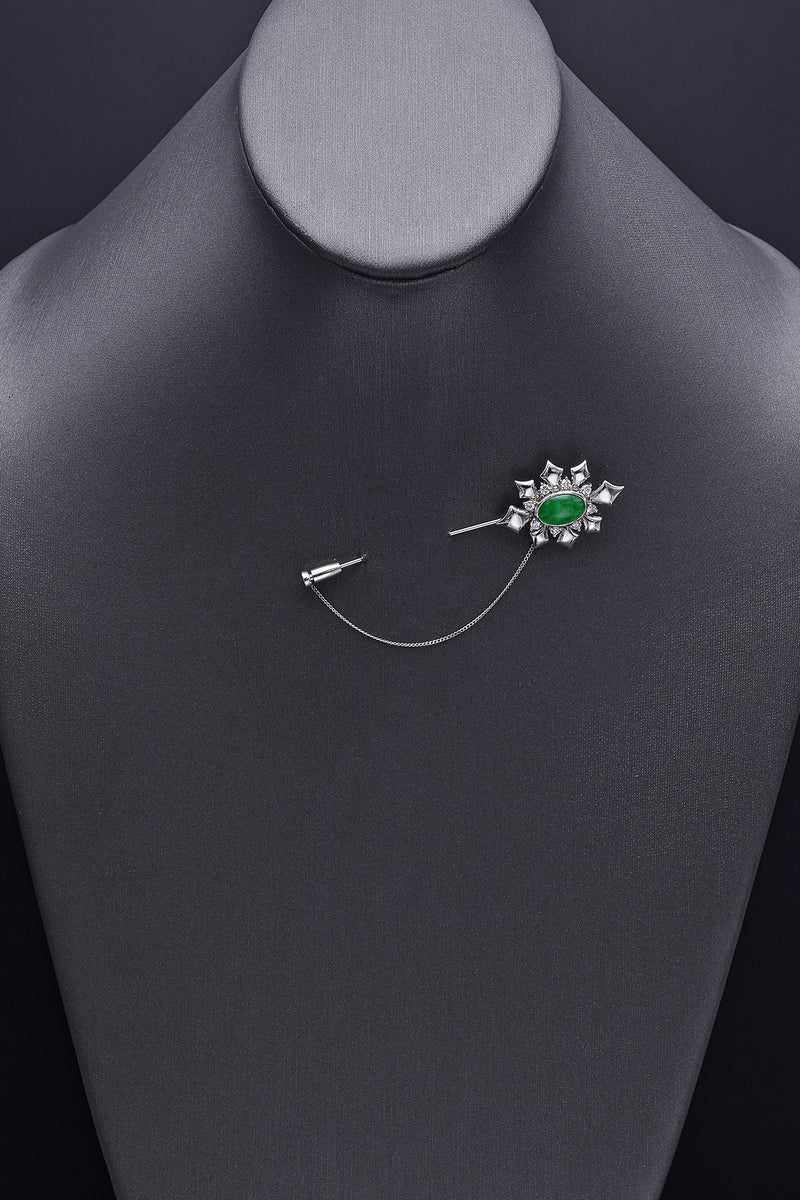 Vintage Platinum Green Jade & 0.41 TCW Diamond Brooch Pin