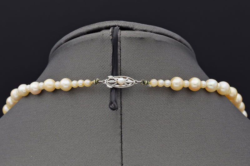 Antique Mikimoto 9K White Gold Sea Pearl Beaded Strand Necklace + Pouch, Box