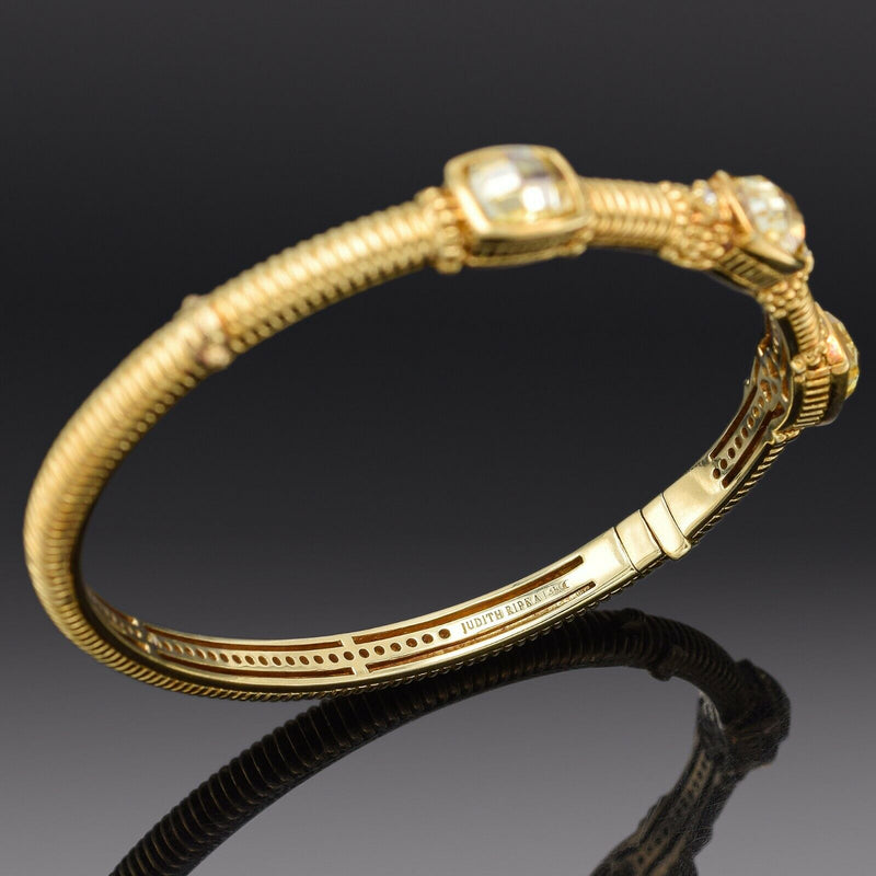 Judith Ripka 14K Gold Canary Crystal & Diamond Hinged Bangle Bracelet +Box 21.2G