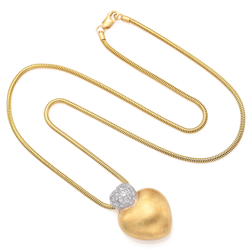 Vintage Designer Signed 18K Gold 0.70 TCW Diamond Puffed Heart Pendant Necklace