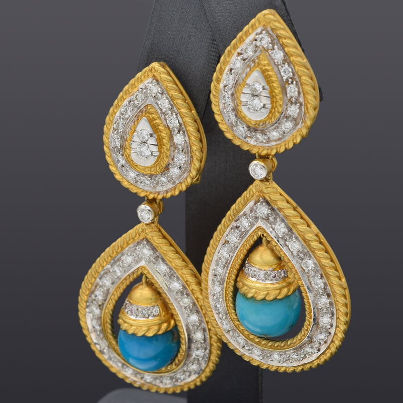 Estate 18K Yellow Gold Robins Egg Turquoise & 1.70 TCW Diamond Drop Earrings