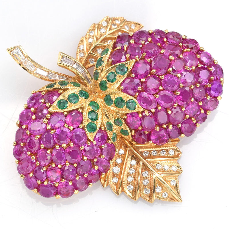 Vintage 22K Gold 18.24TCW Ruby, Diamond & Emerald Strawberry Brooch