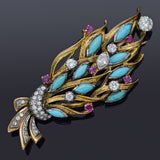 Vintage 14K Yellow Gold Turquoise, Ruby & 1.87 TCW Diamond Brooch Pin 14.0G