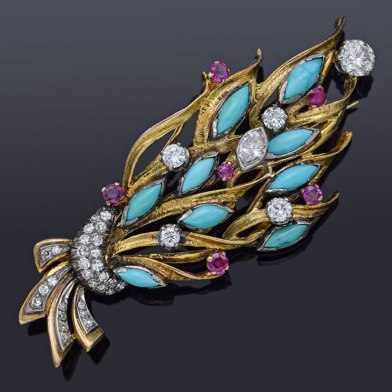 Vintage 14K Yellow Gold Turquoise, Ruby & 1.87 TCW Diamond Brooch Pin 14.0G
