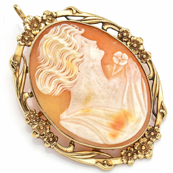 Antique 14K Yellow Gold Cameo Oval Brooch Pin Pendant