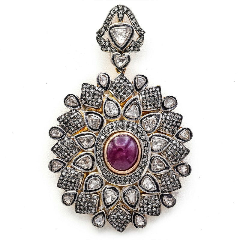 Antique 14K Gold 10.81 TCW Diamond & 18 TCW Ruby Pendant