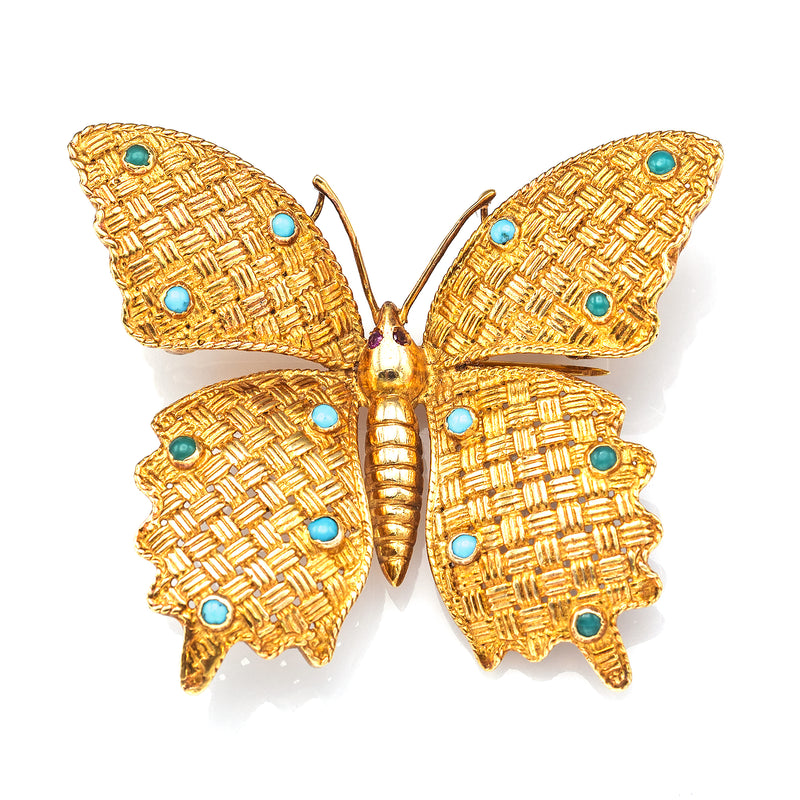 Vintage 18K Yellow Gold Turquoise & Ruby Butterfly Brooch Pin Pendant