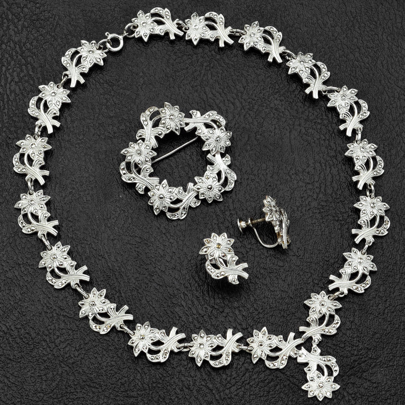 Vintage Sterling Silver Marcasite Floral Necklace, Earrings & Brooch Pin Set