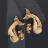Vintage 14K Yellow Gold Sea Pearl and Sapphire Whale Earrings & Brooch Pin Set