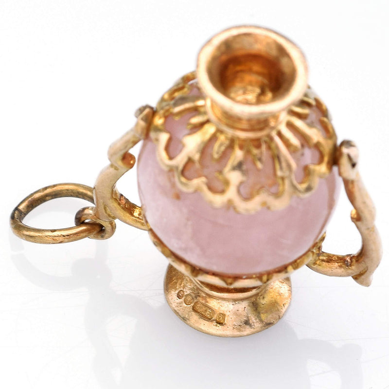 Vintage 9K Yellow Gold Rose Quartz Heart Urn Vase Charm Pendant