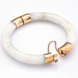 Vintage 14K Yellow Gold Carved Green White Jade Hinged Bangle Bracelet
