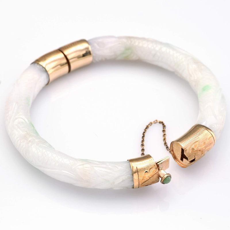 Vintage 14K Yellow Gold Carved Green White Jade Hinged Bangle Bracelet