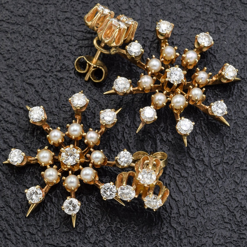 Vintage 14K Gold Diamond & Pearl Snowflake Ear Jacket Earrings
