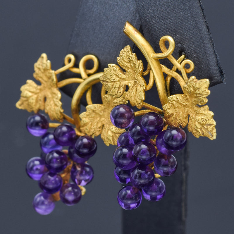 Antique English 18K Yellow Gold Amethyst Grape Vine Drop Earrings 8.5G